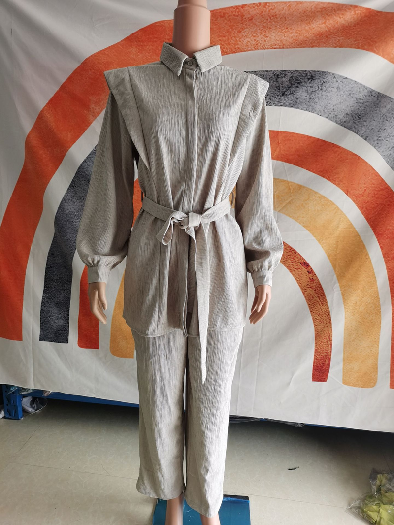 Women's autumn wrinkled long-sleeved lace-up shirt straight long casual suit_voghion.com