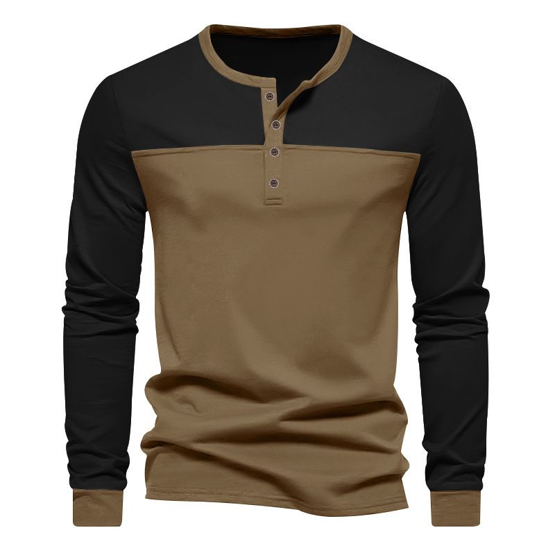 Men's Retro Two-Tone Henley Neck Long Sleeve T-Shirt - Breathable Polyester Blend, Relaxed Fit For Casual & Everyday Wear_voghion.com