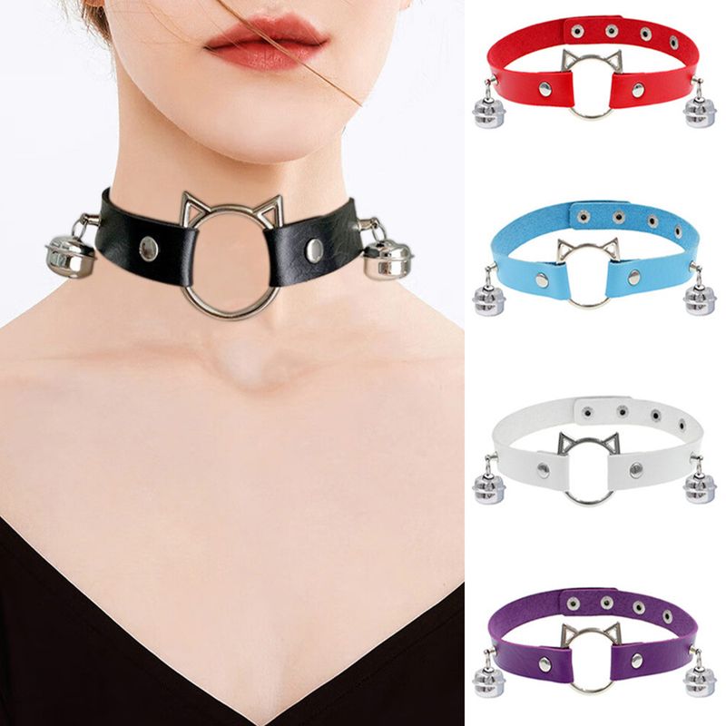 Collier ras du cou en cuir PU avec tête de chat de dessin animé pour femme, style punk foncé_voghion.com