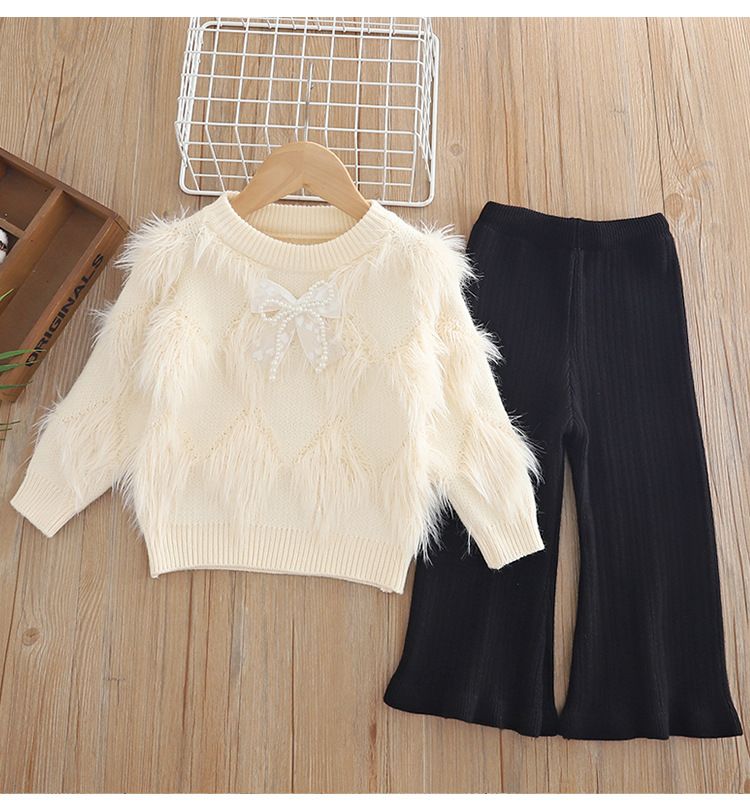 Set aus Boho-Strickpullover und Schlaghose für Mädchen – Koreanischer Stil, 3–8 Jahre (90–130 cm), weiche Polyestermischung, Schleifen- und Blumenakzente, Beige/Pink/Khaki_voghion.com