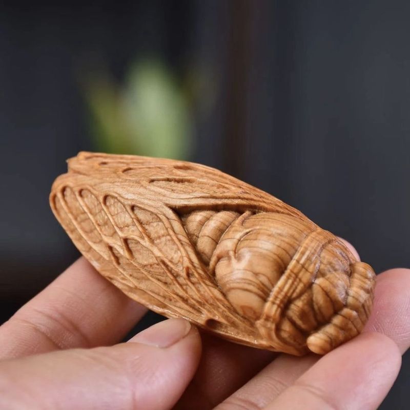 Hand-Carved Cliff Cypress Wood One Shines Bright Handheld Cicada Summer Insect Cultural Play Piece For Men And Women_voghion.com