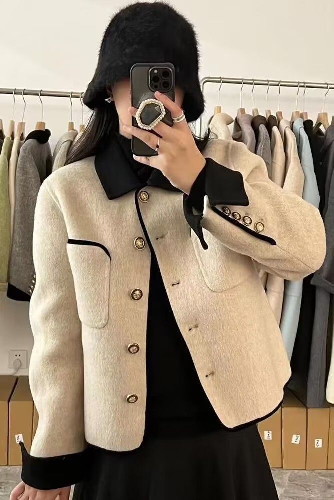 Kurzer Wollmantel für Damen – modische Oberbekleidung für Herbst und Winter, eleganter Blazer mit lockerer Passform, lässig-schickes Design, passt in kleine Größen, Grau und Beige_voghion.com
