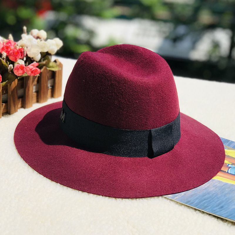 Autumn and winter oblique top hat British pepper letter M wool wide brim hat wool hat_voghion.com