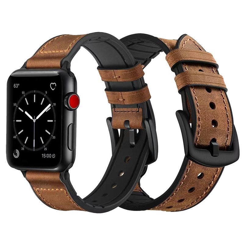 Correa vintage de piel auténtica para Apple Watch Series 9/8/7/6/Ultra - Fabricada a mano con base de silicona, ajuste ajustable, estilo clásico (tallas 38-49 mm)_voghion.com