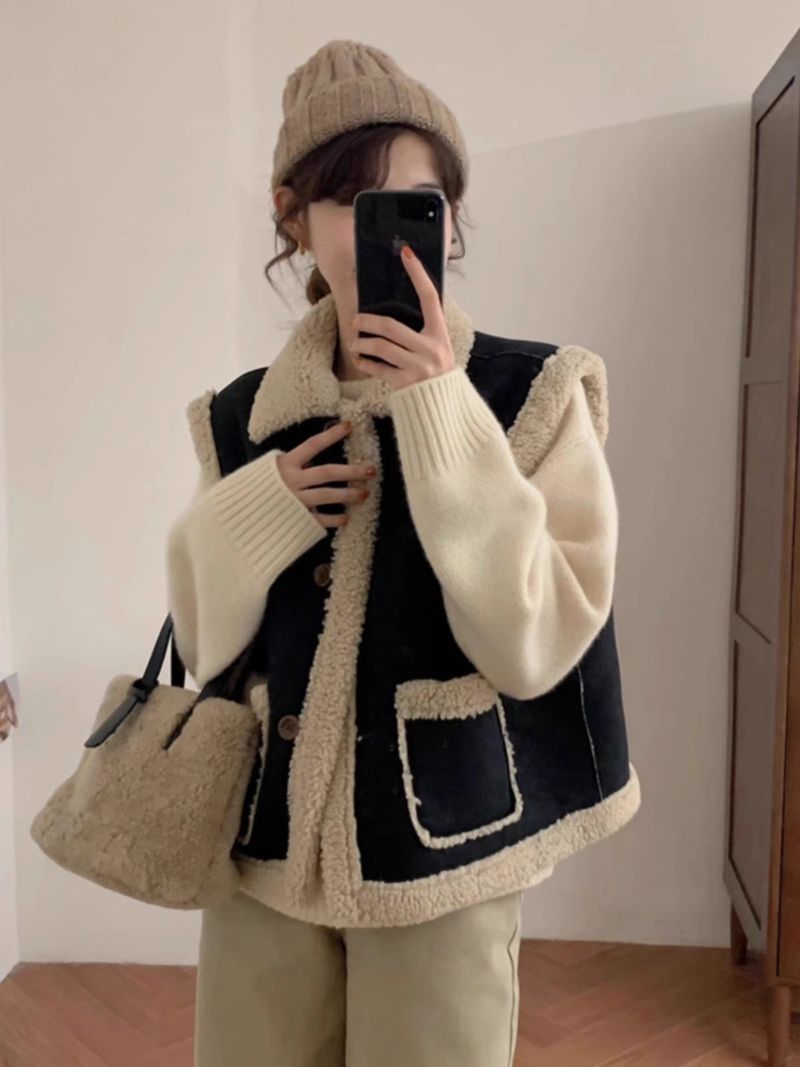 2024 nouvelle veste courte décontractée en fourrure noire une pièce avec daim, poils d'agneau, gilet pour femme_voghion.com