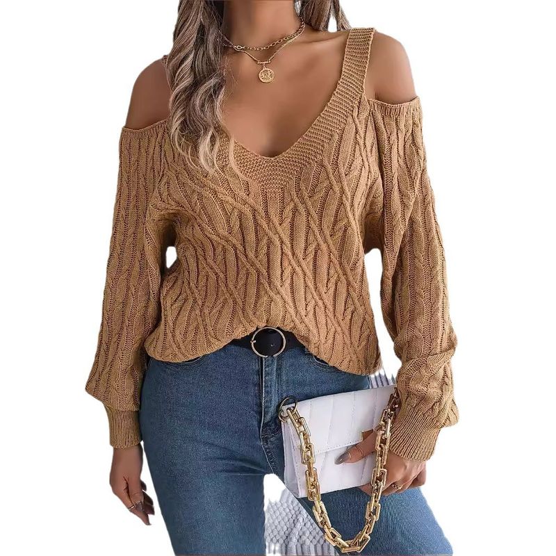 Casual Solid Twist Off-Shoulder Lantern Sleeve Sweater, Women's Clothing_voghion.com