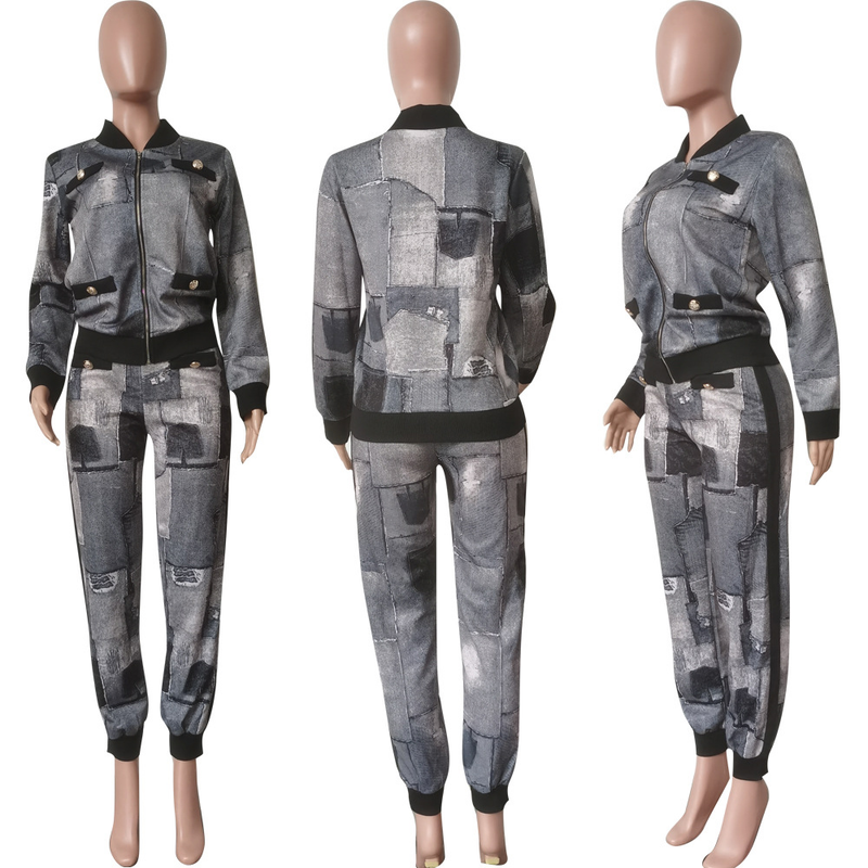 Traje casual de moda para mujer, abrigo con botones y pantalones con estampado de mil pájaros, conjunto de dos piezas_voghion.com