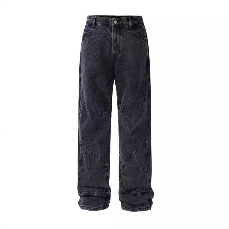 Abbigliamento maschile Jeans lavati Cleanfit Retro Snowflake per uomo Pantaloni dritti con pieghe ondulate e rovinate, resistenti e usurati_voghion.com