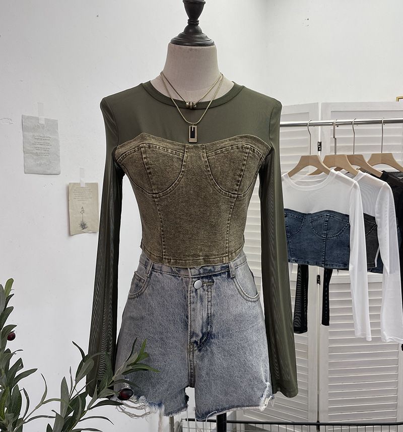 Damenbekleidung Zweiteiliges Denim-Spleißen-Netz-Langarmoberteil Kurzer, freiliegender Bauchnabel Schlankes T-Shirt_voghion.com