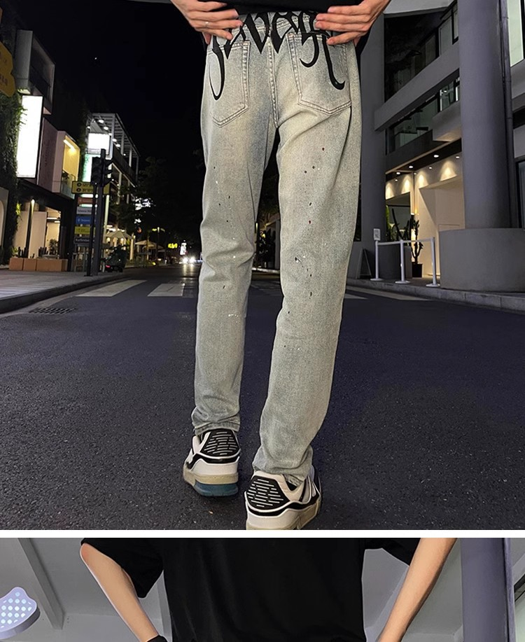 Herrkläder Internetkändis samma stil niopunktsjeans för pojkar trendiga tryckta permanentborrade hål slim fit trendiga märkesbyxor för små fötter_voghion.com