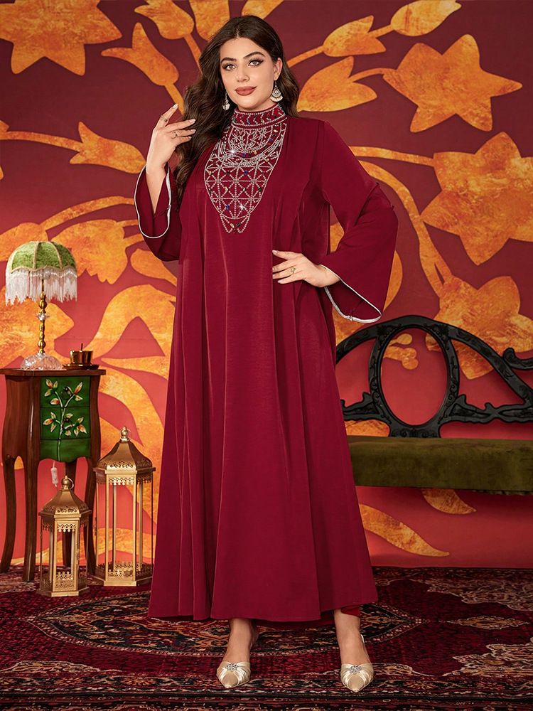 Vestido Abaya muçulmano elegante com bordado de miçangas – Vestido longo e modesto para mulheres, vestido longo evasê plus size, vestido formal com decote em V para noite_voghion.com