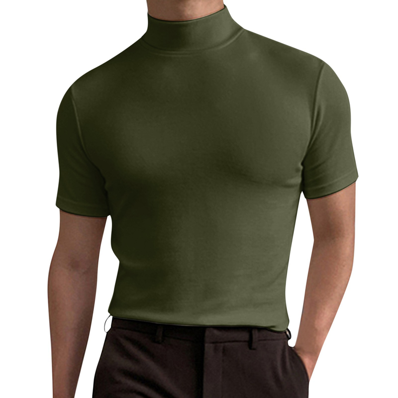 2023 herbst und Winter Hohe Kragen Kurzarm T-shirt männer Unterlage Einfarbig Top_voghion.com
