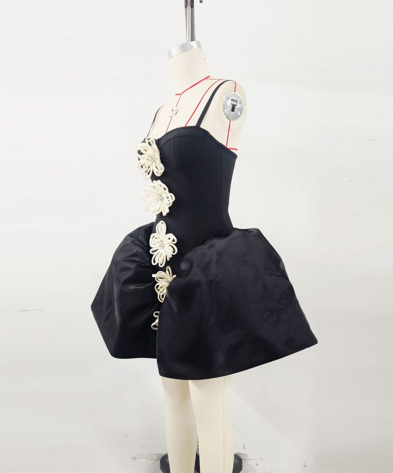 Elegante abito da donna con scollo a V e stampa floreale francese – Abito da festa in stile principessa con fiori 3D, scollo a cuore e vita alta_voghion.com