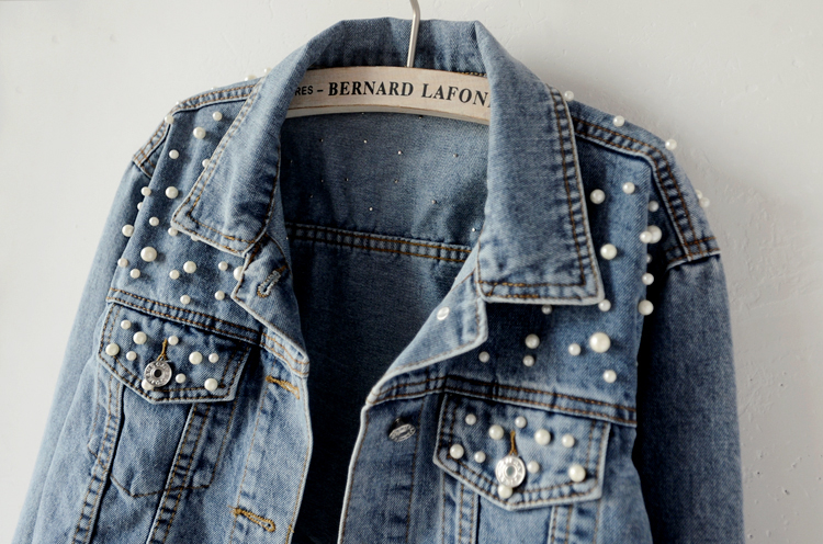 Chaqueta vaquera de manga larga para mujer, chaqueta vaquera holgada con botones y perlas, solapa corta, informal salvaje, entrega rápida, novedad de otoño de 2023_voghion.com