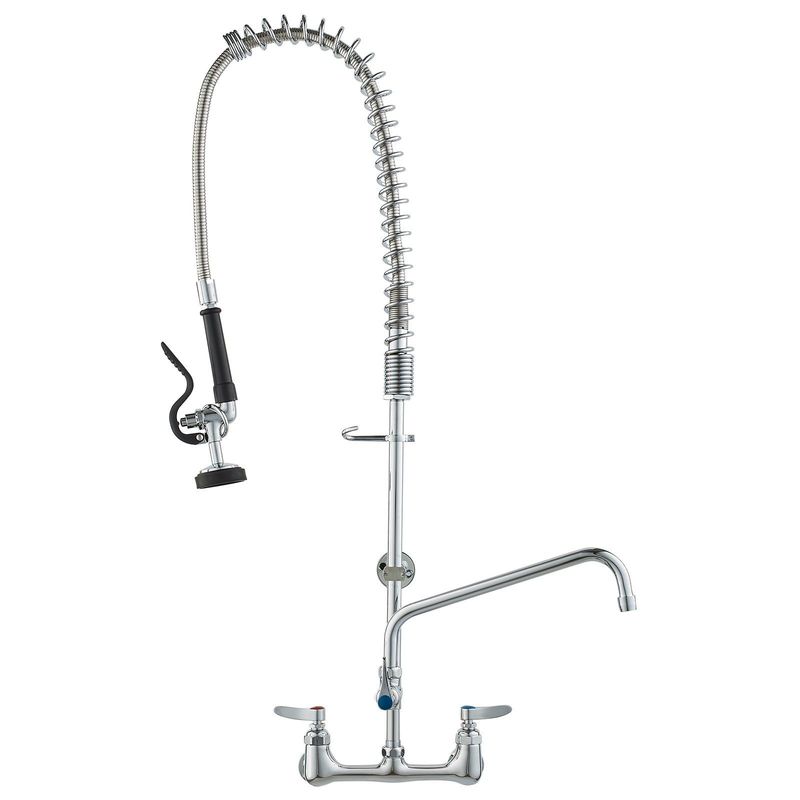 VEVOR Commercial Faucet With Pre-Rinse Sprayer, 36" Height, 8" Center, 12" Swing Spout, Wall Mount Kitchen Sink Faucet, Brass Constructed Device With Pull Down Spray, For 1/2/3 Compartment Sink_voghion.com