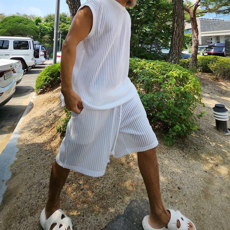 Traje de suéter informal para hombre, chaleco holgado, camiseta, pantalones cortos, traje de lana para hombre_voghion.com