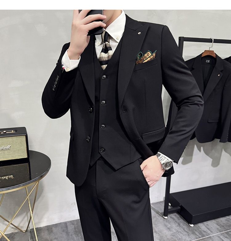Costume trois pièces pour homme, style coréen, revers cranté, simple boutonnage, couleur unie, idéal pour un mariage. En stock._voghion.com