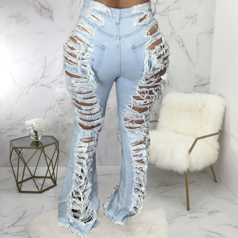 Roupas femininas tendência da moda personalidade rasgada calças largas elásticas_voghion.com