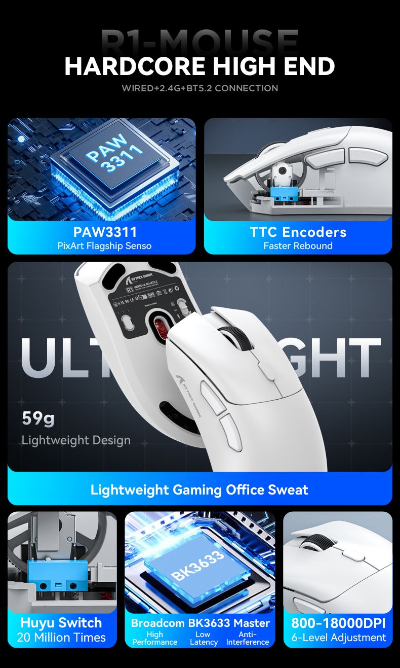 R1 Superlight Maus Bluetooth 2,4 G Kabellose Gaming-Maus PixArt PAW3311 Gaming-Sensor 6 Einstellbare DPI Für Bürospiele_voghion.com
