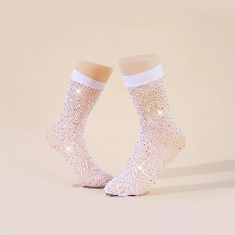 2025d Fashionable Rhinestone Short Fishnet Stockings For Women, Simple Solid Color Mid-Calf Mesh Socks_voghion.com
