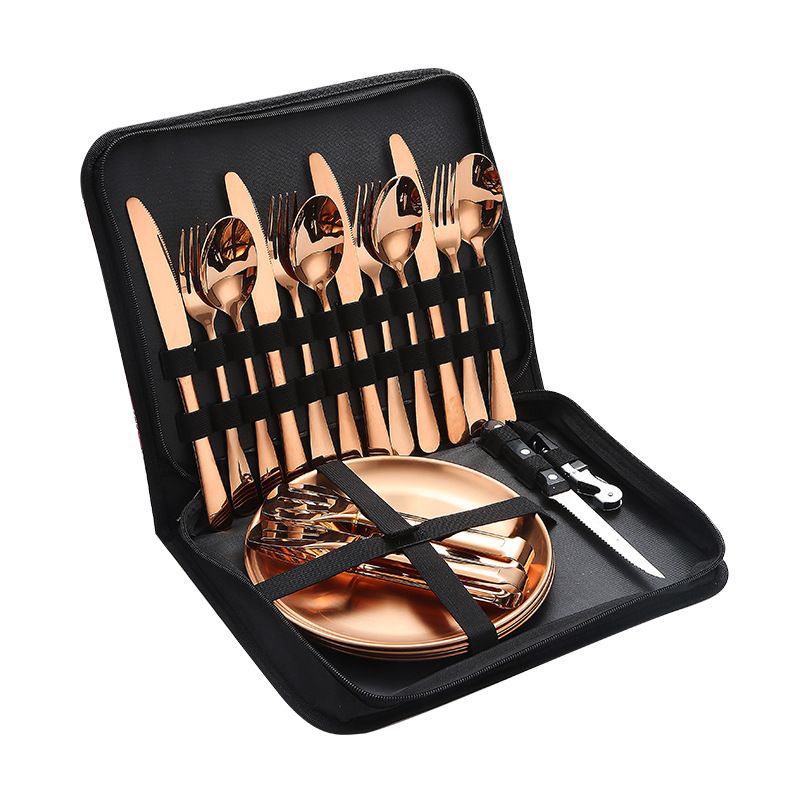 Conjunto de talheres de aço inoxidável para acampamento, viagem, bife, faca, garfo, colher, bolsa de pano, conjunto de talheres_voghion.com