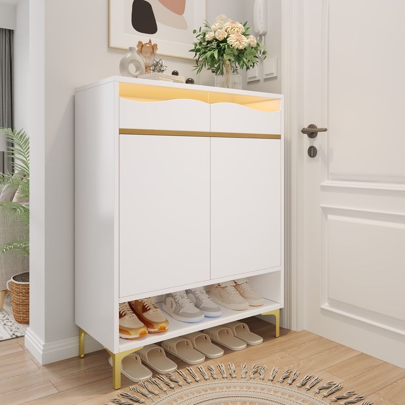 Meuble à chaussures blanc moderne avec éclairage LED 16 couleurs – Rangement gain de place pour couloir 80 x 35 x 105 cm avec tiroirs et étagères – Pour entrée, salon, couloir_voghion.com