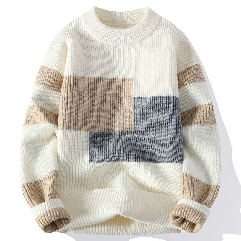 Autumn Winter New Men's Youth Color Block Trendy Student Crew Neck Pullover Knitted Sweater_voghion.com