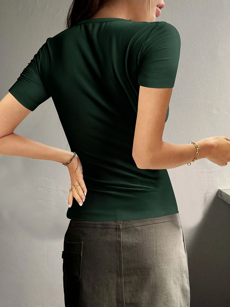 Women's Clothing New Short Sleeved Button Ribbed Slim Knitted Fir_voghion.com