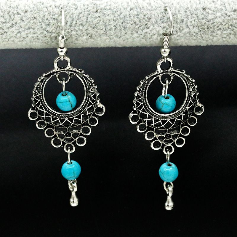 Mode etnische stijl holle turquoise waterdruppel Boheemse kwast oorbellen sieraden_voghion.com
