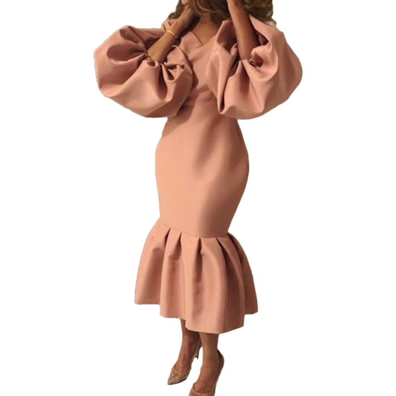 Vestido de sirena con falda de manga larga y escote en V de color liso a la moda para mujer_voghion.com