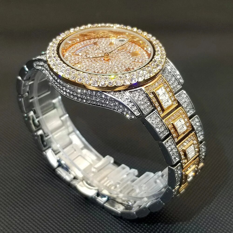 Shiny Diamond Watch For Men Hip Hop Trendy Iced Out Quartz Watches High Quality Stainless Steel Waterproof Day Date_voghion.com