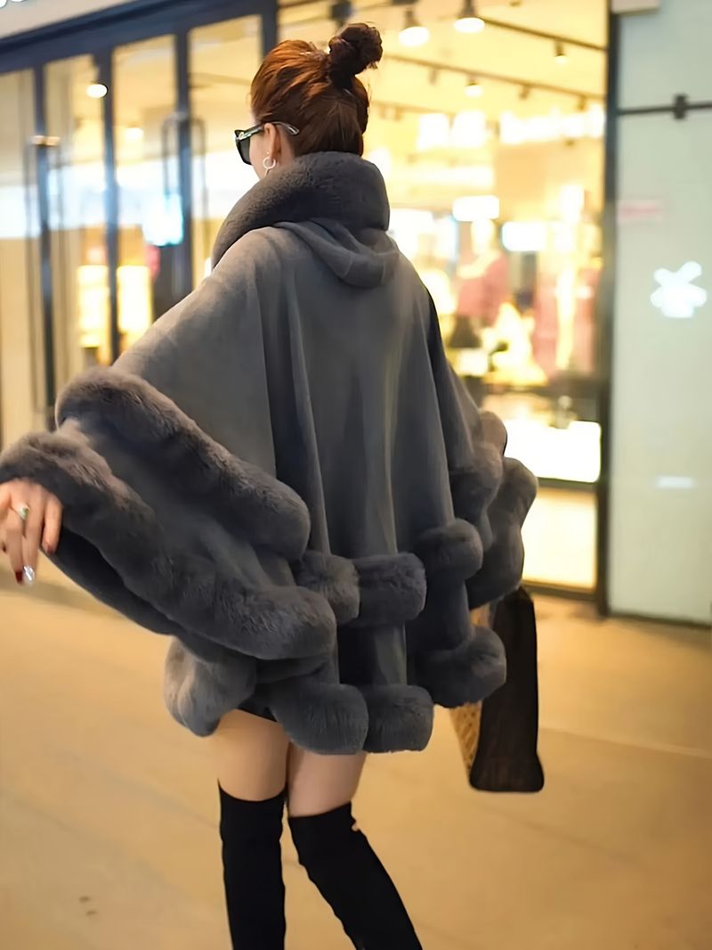 Cardigan da donna con cappuccio e fodera in pelliccia stile mantello - Bury Plush, aperto sul davanti, oversize per le intemperie, di ispirazione mediorientale_voghion.com