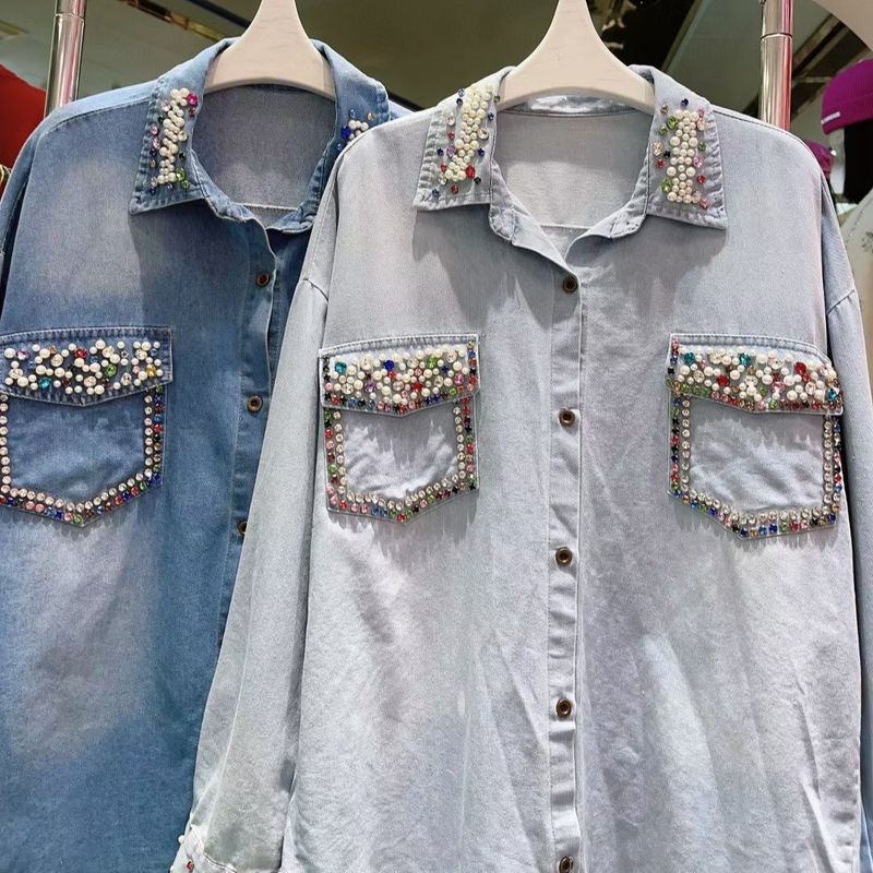 Women's clothing diamond denim shirt for women 2024 spring and summer thin shirt fashionable all-match top trend_voghion.com