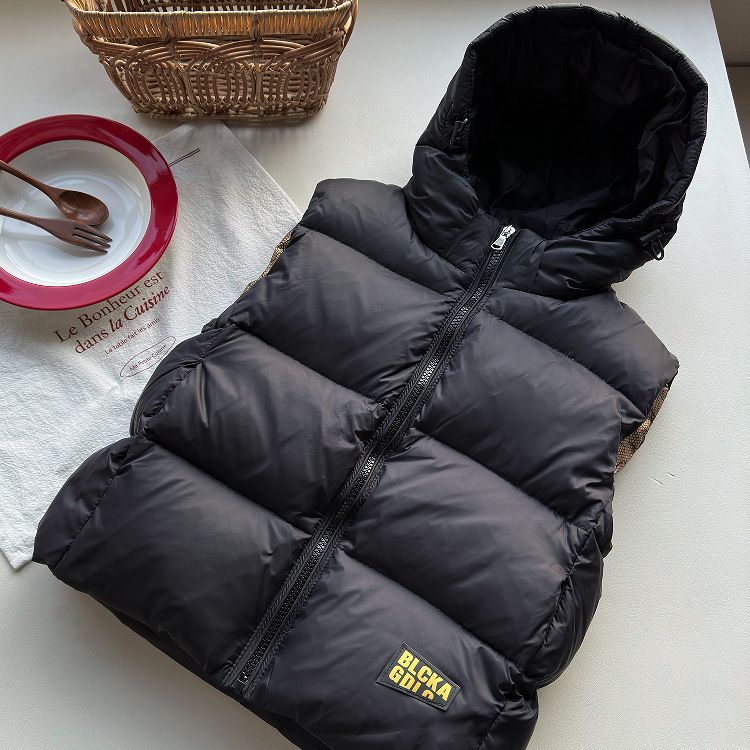 Gilet imbottito nero con cappuccio per bambini, autunno e inverno, per mamma e bambini - Caldo capospalla invernale e autunnale per ragazzi e ragazze (120-170 cm)_voghion.com