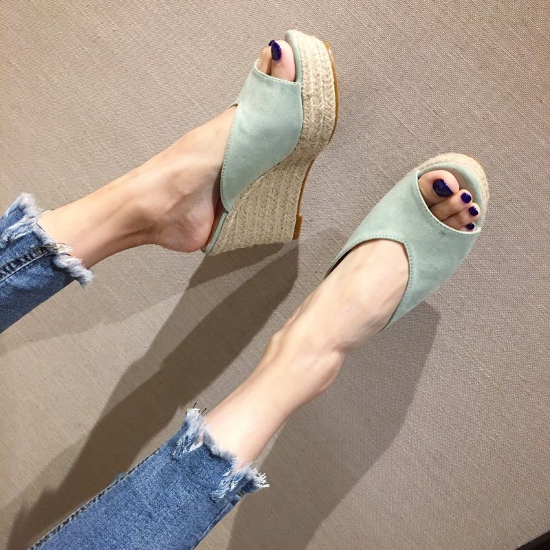 Damesschoenen Nieuwe sleehak gevlochten touw dikke zool sandalen voor dagelijks gebruik suède effen pantoffels voor vrouwen antislip_voghion.com