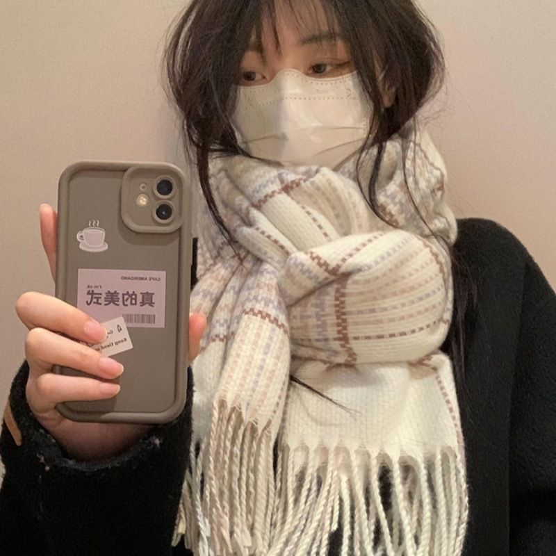 White For Women Winter New Korean Version Cashmere Feel Warm Thick Long Shawl Neck Scarf Trendy Plaid_voghion.com