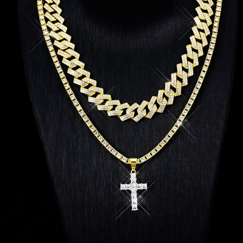 Pendentif croix diamant alliage chaîne cubaine chaîne à une rangée ensemble d'accessoires pour tous les colliers hip hop_voghion.com