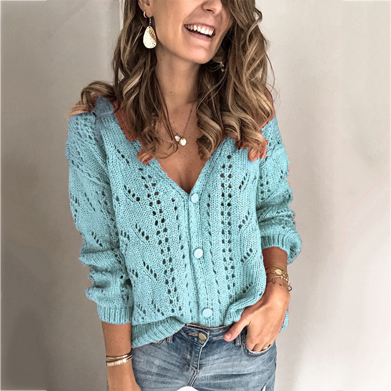 Cardigan maglione da donna per maglione da donna con scollo a V cavo in tinta unita_voghion.com