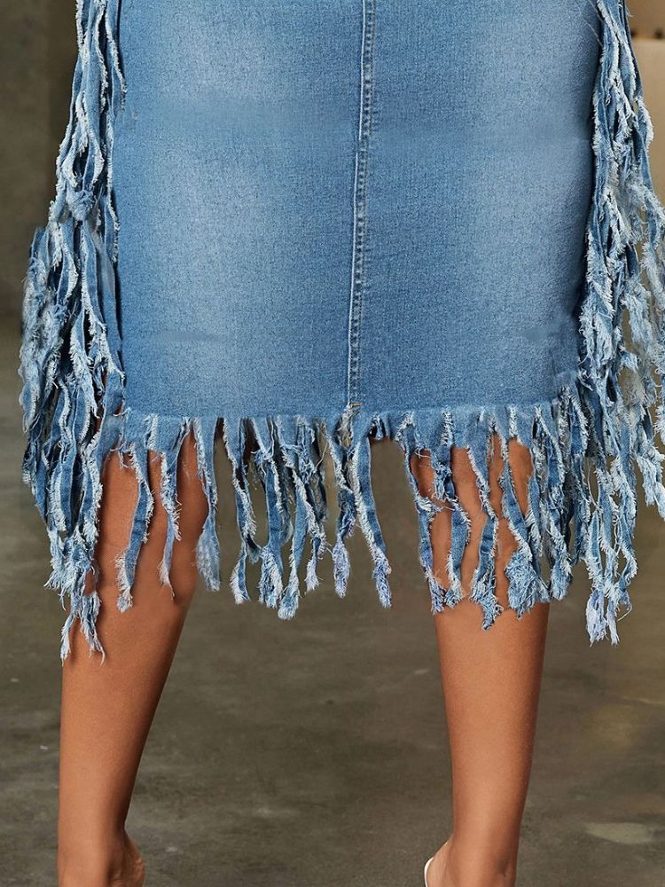 K Fashionable Trend Sexy Denim Fringed Midi Skirt_voghion.com