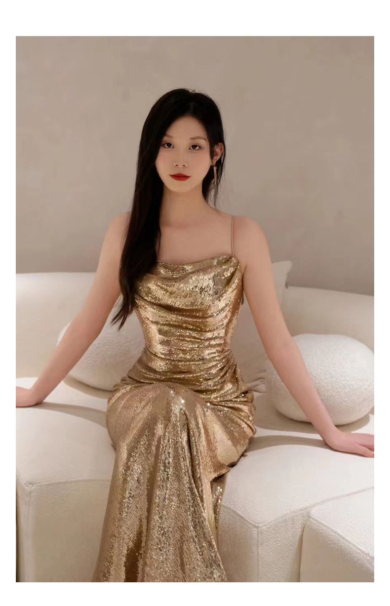 Kadın Giyim Abiye Elbise Askılı Payetli Haute Couture Balık Etek Hafif Lüks Saygın Atmosfer Ev Sahibi Elbisesi_voghion.com