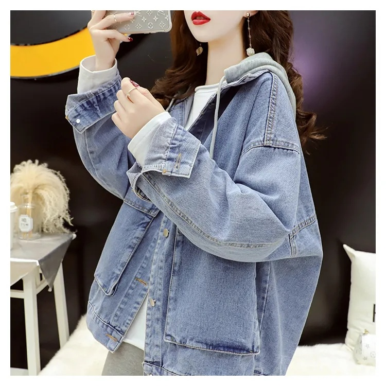 Ielu apģērbs, melns džinsu jakas Sieviešu korejiešu modes raibs, pavasara jaka ar kapuci Ikdienas Chaquetas Veste En Jeans Pour_voghion.com