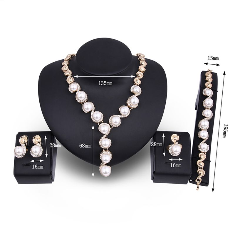 Qianbihe Women Pearl Inlaid Rhinestone Necklace Bracelet Stud Earrings Ring Jewelry Set_voghion.com