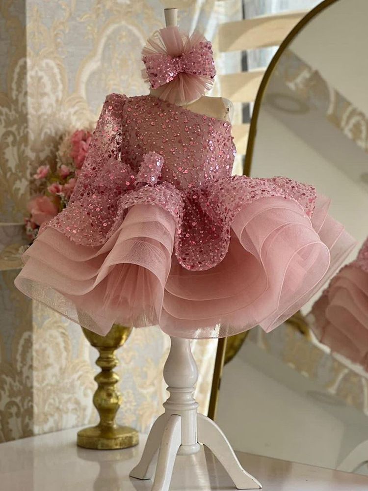 Robe de princesse à paillettes et manches longues pour filles, tenue élégante et duveteuse, idéale pour un bal d'anniversaire ou une célébrité, collection 2024_voghion.com