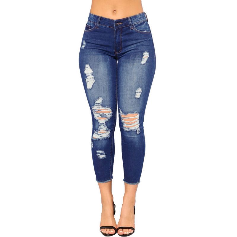 Damenbekleidung Sommer Hohe Elastizität Neun Punkte Zerrissene Damen Kleine Füße Enge Po-Lifting-Mode-Jeans_voghion.com