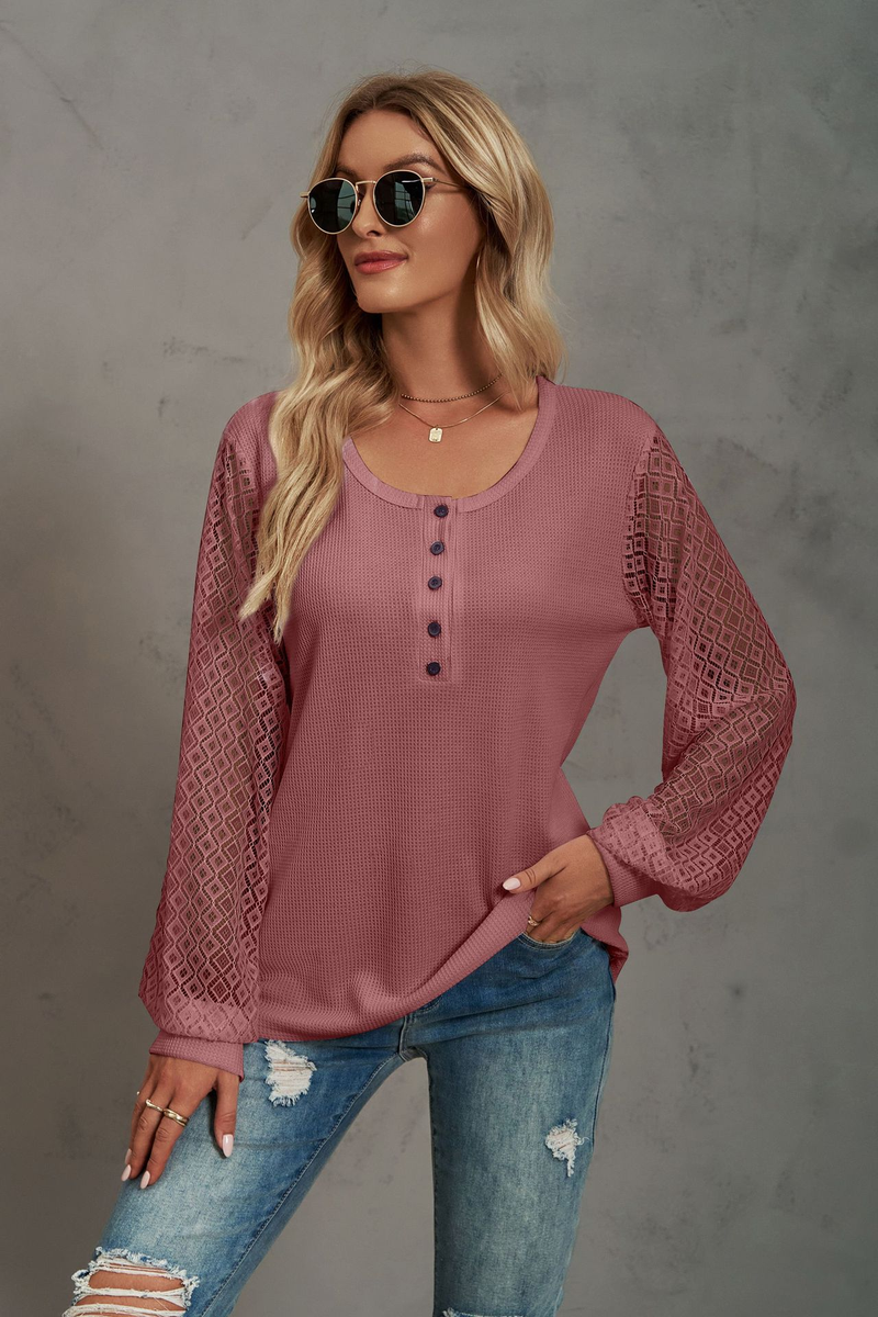 Women's Clothing Casual Waffle Grace Panel Long Sleeve Button T-shirt Top_voghion.com