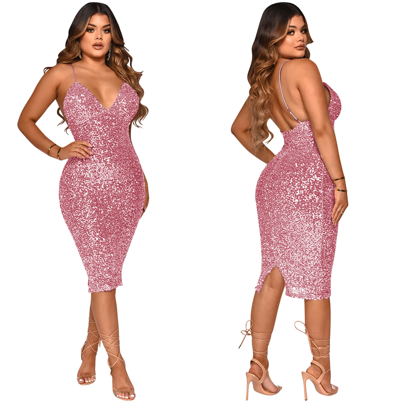 Einfarbiges, sexy Strapsrockkleid mit V-Ausschnitt für Damen mit Pailletten_voghion.com