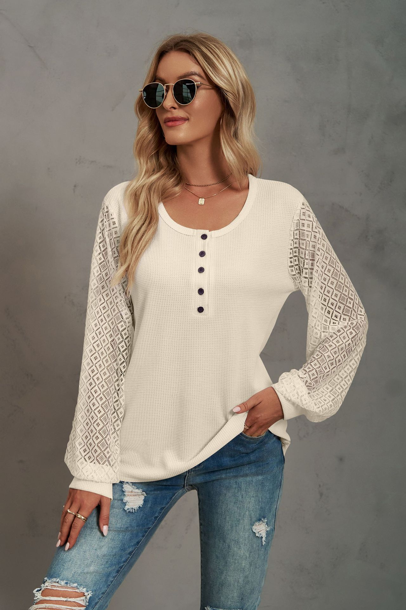 Women's Clothing Casual Waffle Grace Panel Long Sleeve Button T-shirt Top_voghion.com
