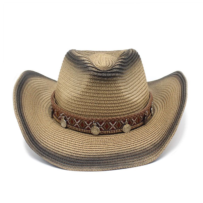 New Woven Straw Western Denim Drawstring Adjustable Knight Seaside Sunscreen Sun Hat_voghion.com