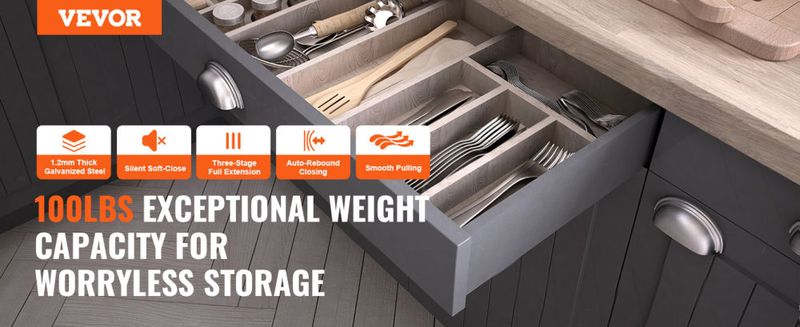 VEVOR 6 Pairs of 15 Inch Drawer Bottom Side Mount Rails, Heavy Duty Full Ball Bearing Extension Steel Track, Soft-Close Noiseless Guide Glides Cabinet_voghion.com