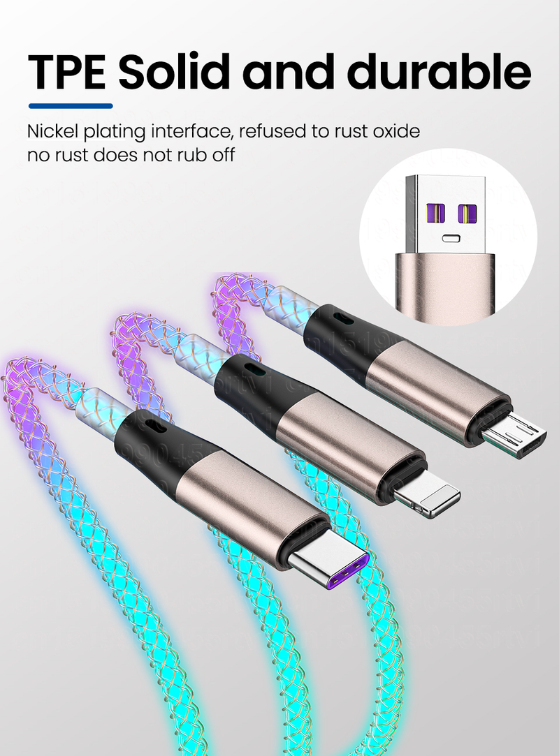 Câble de chargement rapide USB lumineux 3 en 1 2 en 1 6A, câble de chargement Micro USB type-c à 8 broches pour Huawei et iPh_voghion.com